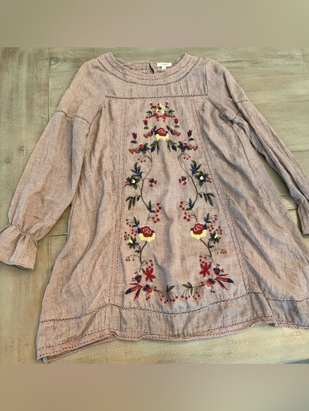 Umgee SMALL Tunic Dress Embroidered Floral Lined Long Sleeve Crochet Lace